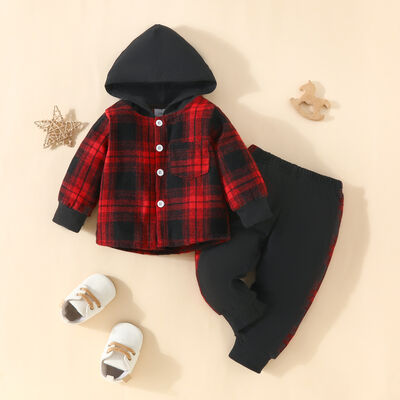 Plaid Button Up Hooded Shacket ann Pants Set
