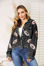 Load image into Gallery viewer, Football Patch Raw Hem Shacket
