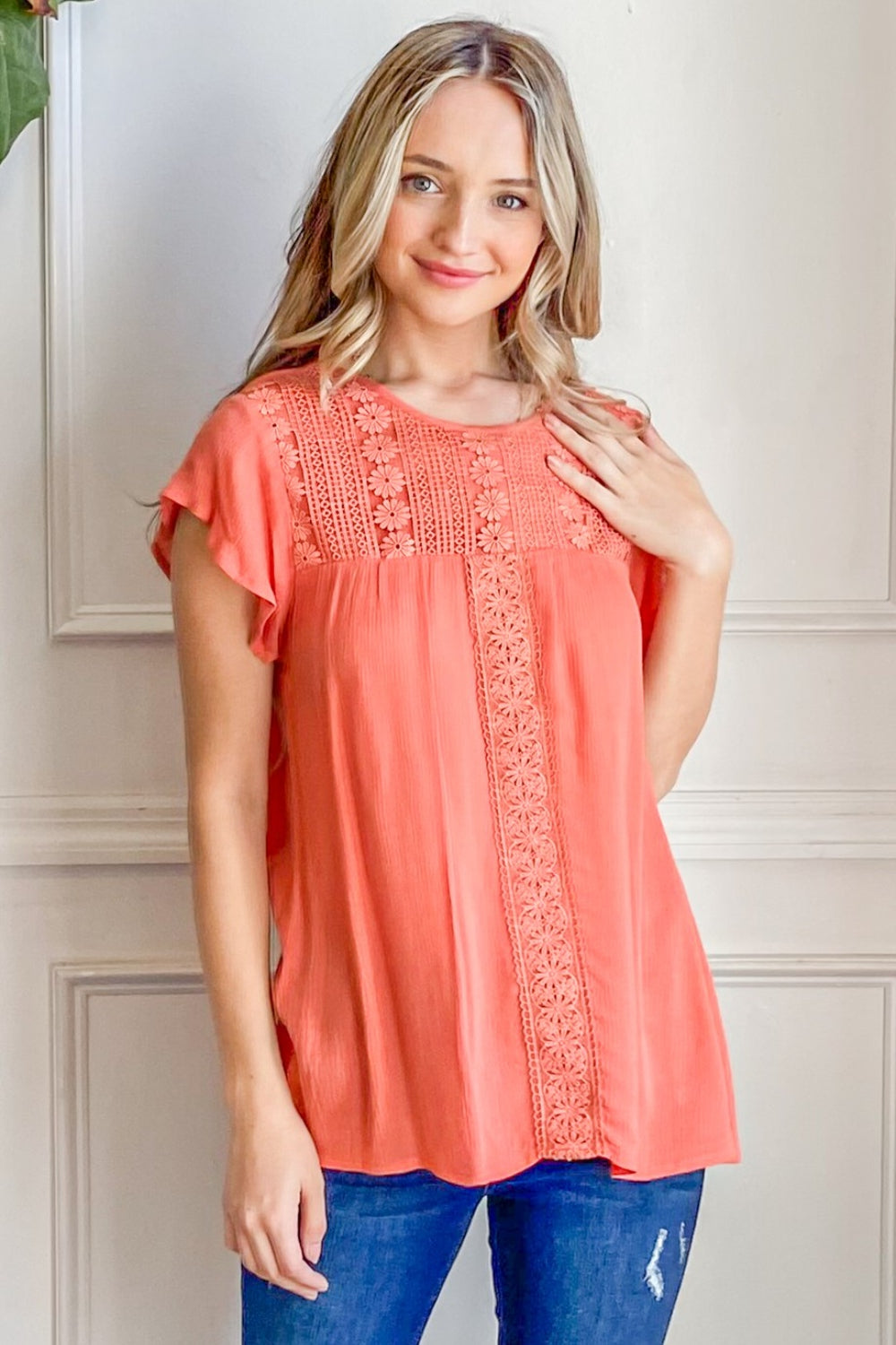 And The Why Lace Detail Ruffle Short Sleeve Blouse